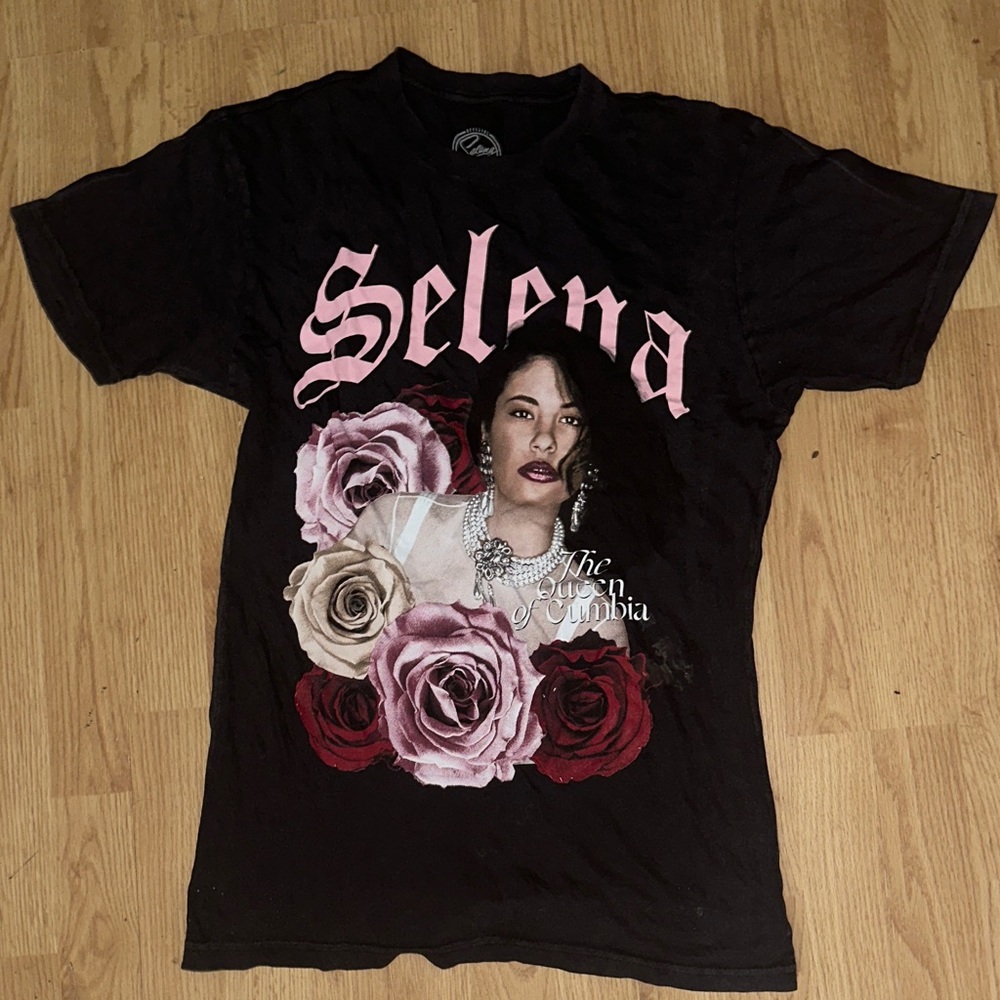 official Selena, Black Graphic Tee with Pink and Red Floral Design